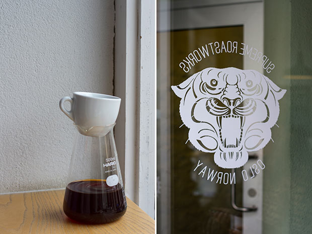 Simply good coffee at Supreme Roastworks (left). Supreme Roastworks’ feisty tiger-face logo (right).