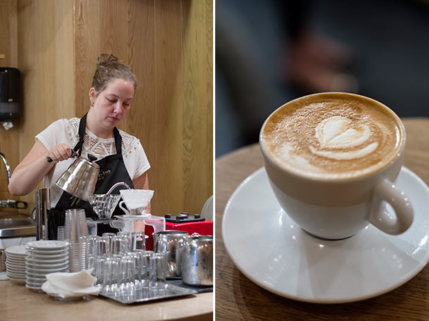 Slow and steady does it (left). No fancy latte art needed; a delicious cappuccino at Stockfleths (right).
