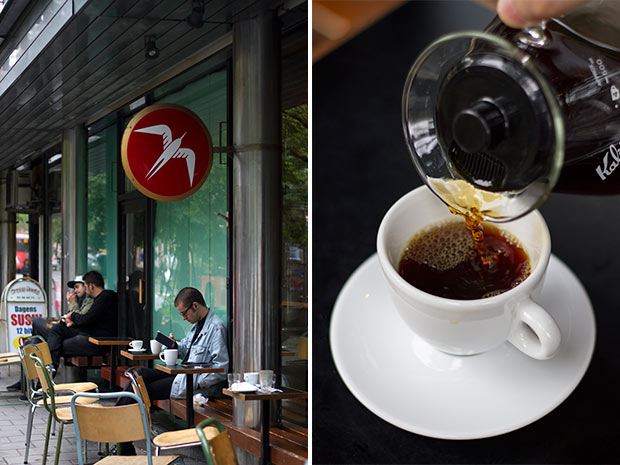 Fuglen’s hard-to-miss red-and-white bird logo (left). Kalita-brewed coffee at Fuglen (right).