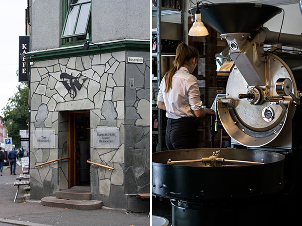 The iconic and minimalist entrance to Tim Wendelboe (left). Observe beans being roasted on the spot at Tim Wendelboe (right).