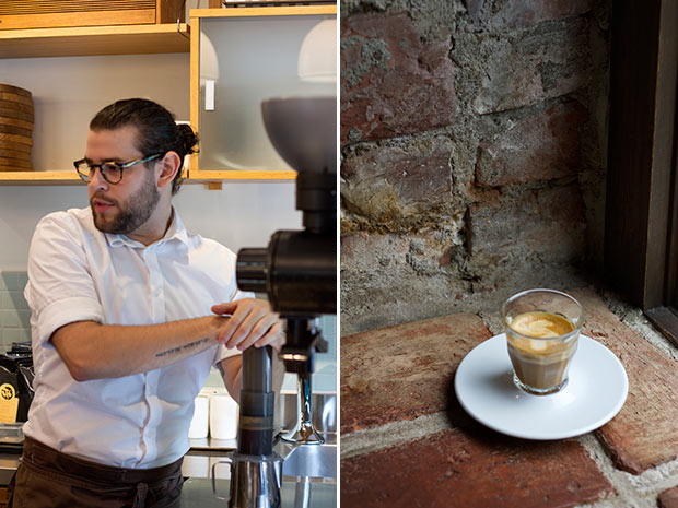 At Tim Wendelboe, the Aeropress is the way to go (left). Small but sublime: a cortado at Tim Wendelboe (right).