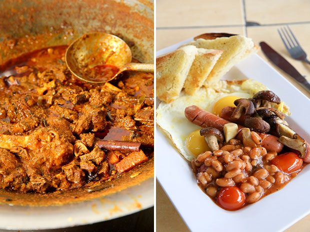 The lamb curry is served with tender pieces of meat (left). A popular order with everyone is their English big breakfast that features their Roti Jawa or homemade bread baked by Azlan (right).