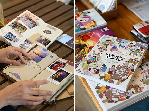 Szetoo Weiwen shows us how she documents her own journal which is available at the store (left). The Food That Makes Us tells of home cooks in Malaysia and their recipes (right).