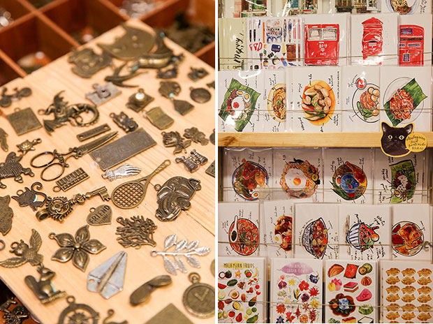 Accessories for journals can also be used as a DIY art project (left). Get hungry with this postcard collection of Malaysian dishes (right).