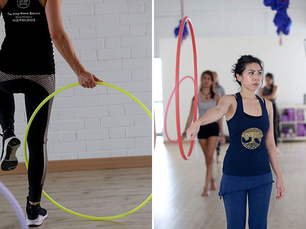 Michelle Tan, or Mishie Hoops, demonstrates the escalator break trick (left). An attendee does a half roll (right).