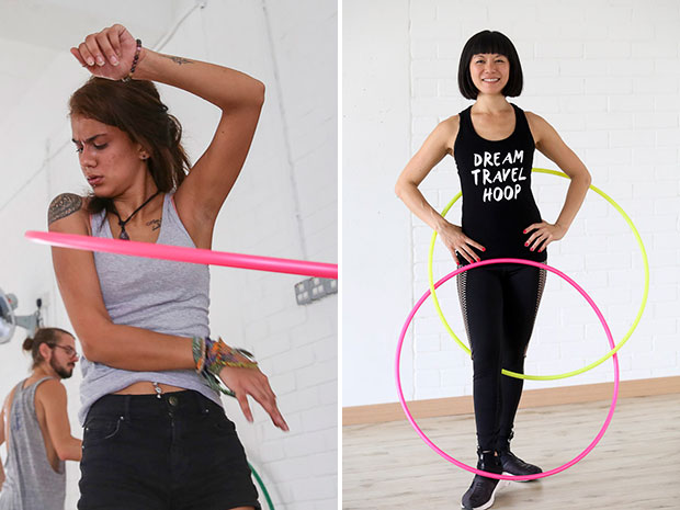 Learn a trick or two from a fellow hooper (left). Learn a hula trick or two with the vivacious Mishie Hoops (right).