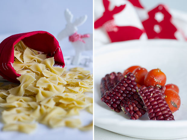 Farfalle or bow-tie pasta reminds one of ribbon bows on Christmas gifts (left). A burst of Christmas red from cherry tomatoes and red-and-purple corn (right).