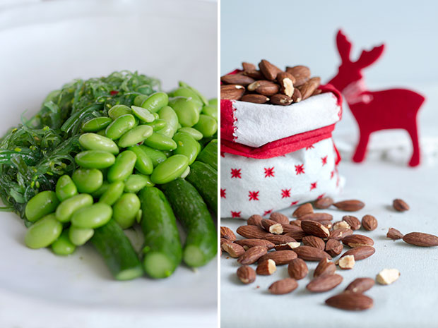 Jolly and green: salted seaweed stems, edamame and baby courgettes (left). Almonds are full of festive, nutty flavour (right).