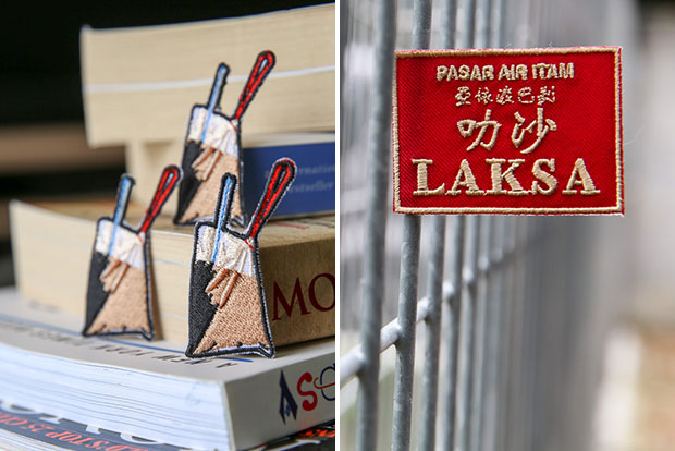 Uncommonco’s ikat tepi patch was inspired from a friend’s photographer of the drinks take-away packet (left). Salang Design’s asam laksa iron-on patch pays homage to Penang-born Jiun Pheng (right).