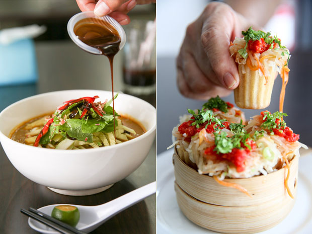 Adding pungent prawn paste onto the laksa lemak is a must (left). Delicate pai tee or crispy shells filled with finely shredded yam bean, French beans topped with homemade chilli sauce (right)