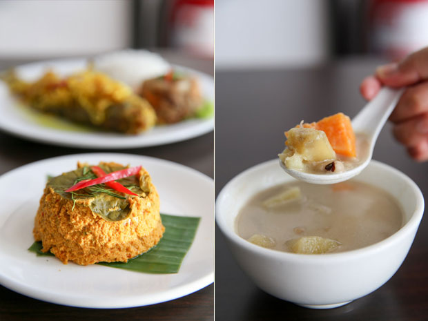 Otak-otak here is served with a chunk of ma yau fish and daun kaduk (left). Their bubur cha cha is a mix between pengat with a selection of sweet potatoes, yam and black eyed beans (right)