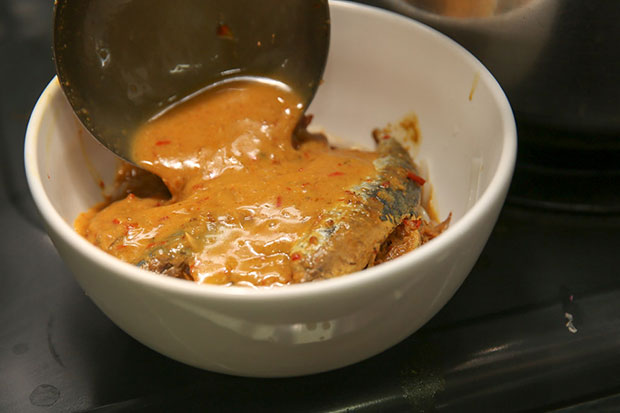 The laksa lemak uses sardines and a broth of dried shrimps and fish
