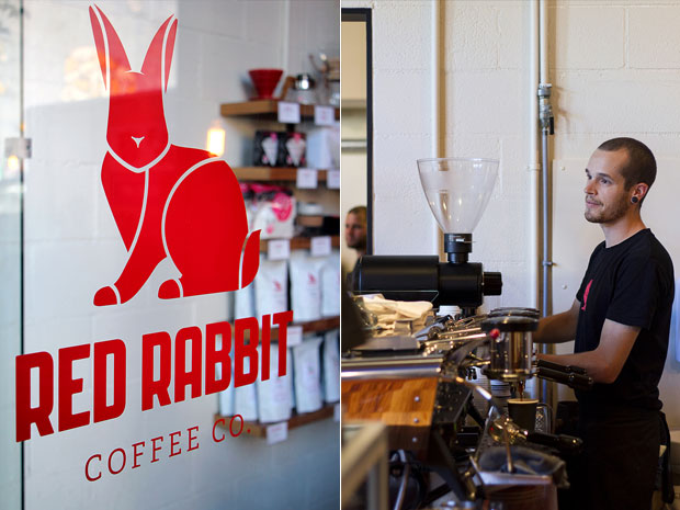 The catchy Red Rabbit Coffee Co. logo (left). Manning the espresso machine, a customised Kees van der Westen Spirit (right)
