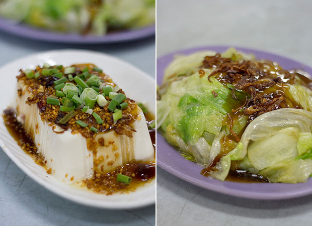 Chilled tofu with oyster sauce, fried garlic and fresh scallions (left). Blanched iceberg lettuce with soy sauce and fried shallots (right)