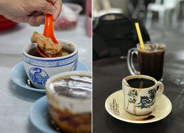 Yong Fu Wan’s daily specials of double-boiled herbal soups (left). Classic kopitiam beverages — kopi O (black coffee) and kopi peng (iced coffee) (right)