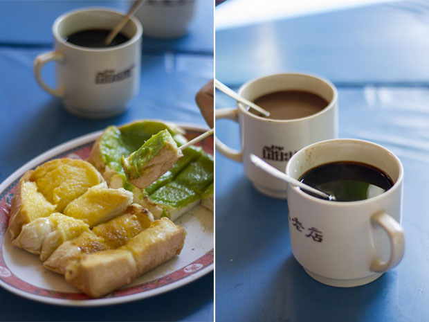 Khanom pang ping (toasted bread) (left). Kafae boran (literally “old coffee”) at Eiah-Sae (right)