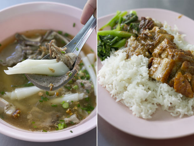 A bowl of Nai-Ek’s famous kway chap (left).  Crispy pork belly (moo krob) on rice (right)