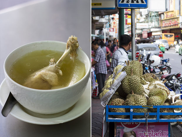 Double-boiled duck with winter melon soup (left). Durian (or turian in Thai), the King of Fruits (right)