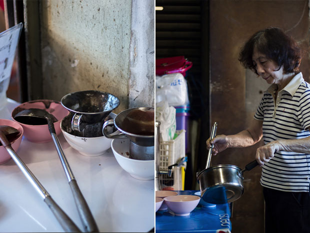 Long ladles for black sesame soup (ji ma wu) and red bean soup (hong tao sui) (left). Solid Clinic’s Teochew owner preparing Cantonese-style tong sui desserts (right)