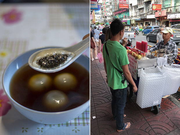 Bua loy nam king — black sesame dumpling balls in ginger soup (left). Freshly pressed pomegranate (tab tim) juice (right)