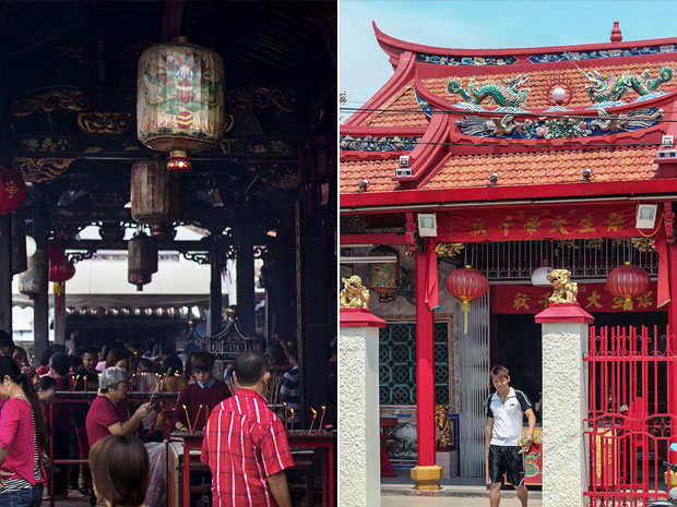 Worshippers at Cheng Hoon Teng Temple (left). The Xiang Lin Si Temple draws devotees practising Mahayana Buddhism (right)