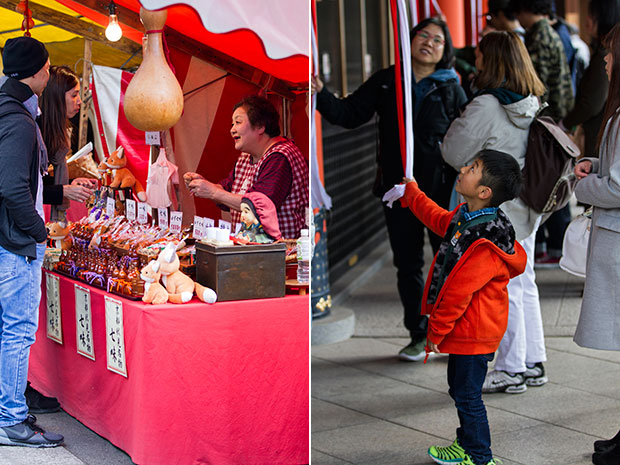 Fox-shaped souvenirs are the most popular item on sale (left). A young devotee ringing the shrine bell (right).