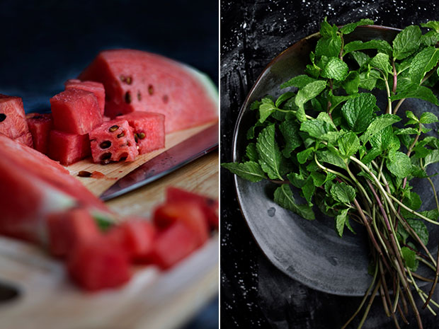 Red watermelon has prosperous connotations of wealth and good luck, perfect for Chinese New Year (left). Mint leaves add freshness to the dish (right).
