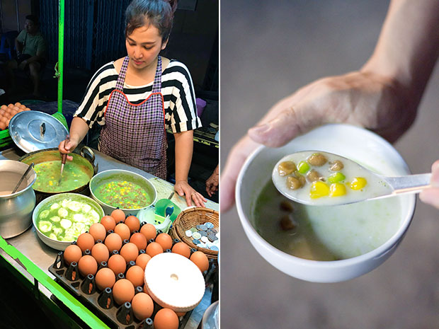 The bua loi (“floating lotus” in Thai) stall (left). A bowl of bua loi — glutinous rice flour balls in coconut cream (right).