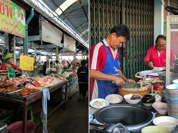 The Kaeng Khoi fresh produce market is open in the morning (left). A khao man gai (Thai chicken rice) stall (right).