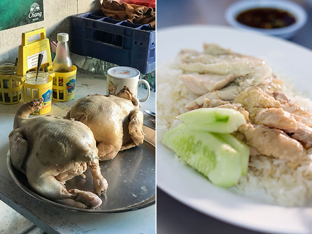 Two cooked chickens, ready to be cut into pieces and served with rice (left). Khao man gai is served with sliced prik kee noo (bird’s eye chillies) in a sweet soy sauce (right).