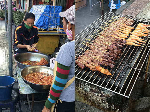 Workers inserting skewers into various chicken parts (left). Marinated chicken skewers are placed on a charcoal grill (right).