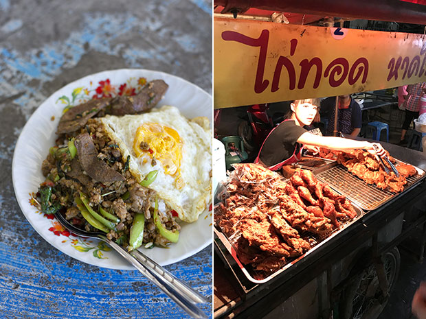 Pad krapao moo or spicy Thai basil stir-fry with minced pork (left). Aromatic fried chicken (gai tod) (right).