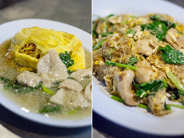 Ratna — deep-fried mi krop (thin, curly egg noodles) encased in an omelette (left). Pad see iw, a stir-fried Thai noodle dish (right).
