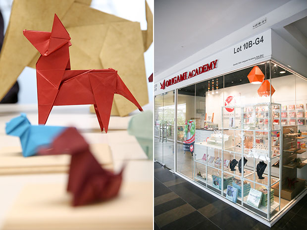 Barking crazy with this origami dog designed by Makoto Yamaguchi that is folded by Kenneth Ch’ng (left). The academy is located in Publika (right).