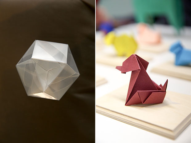 Origami has found its way into science like this hemi cuboctahedron that shows an interlocking design (left). Wag goes the tail for this origami dog designed by Yasuhiro Sano which is folded by Kenneth Ch’ng (right).