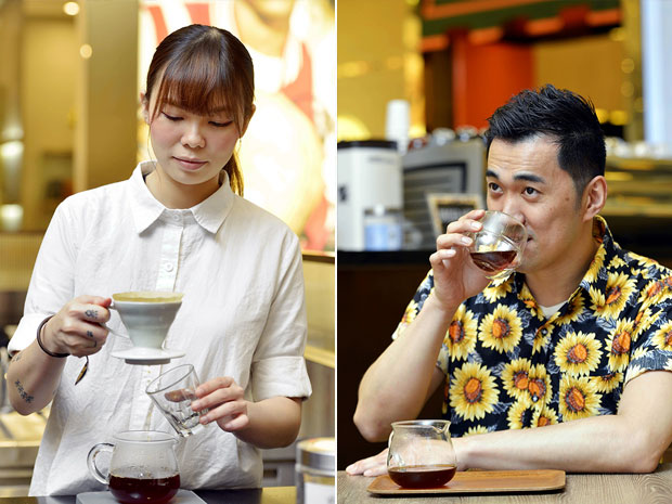 Rain brewing filter coffee with single origin beans (left). Aoki enjoys conducting impromptu taste tests (right)