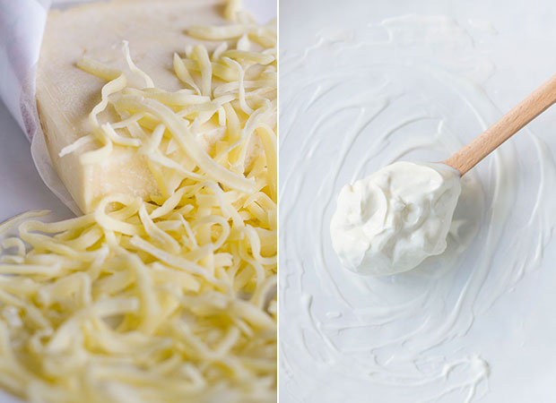 Cheddar cheese is known for its pungent sharpness (left). Some Greek yoghurt to bind it all together (right).