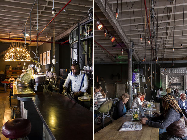 The attention-grabbing bar at Truth Coffee (left). Café-goers at Truth Coffee enjoy an ambience inspired by the film The Fifth Element (right)