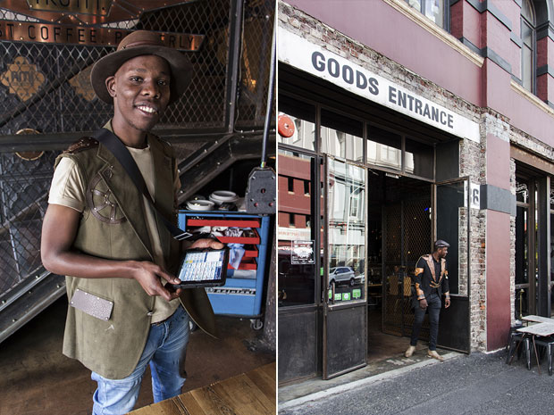 Each barista and server has their own one-of-a-kind bespoke steampunk attire (left). Even the doorman at Truth Coffee wears bespoke steampunk threads (right)