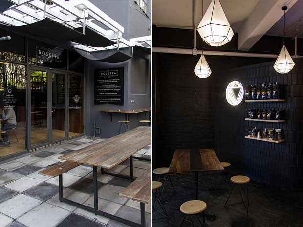 Rosetta Roastery is located in Woodstock, a quiet Cape Town suburb popular with hipsters and artists (left). The cosy interior of Rosetta Roastery, lit by soft lights (right)
