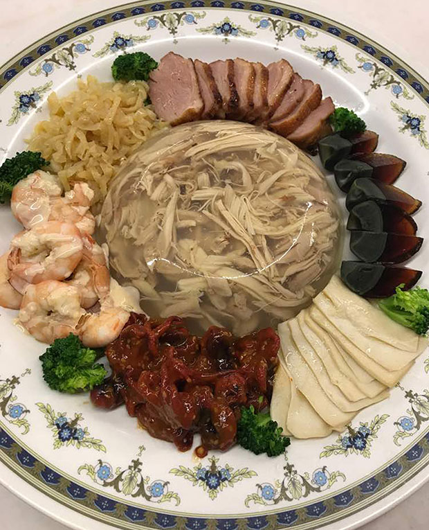 Older folks will recognise the ubiquitous cold jelly chicken, a popular banquet dish from the 1960s