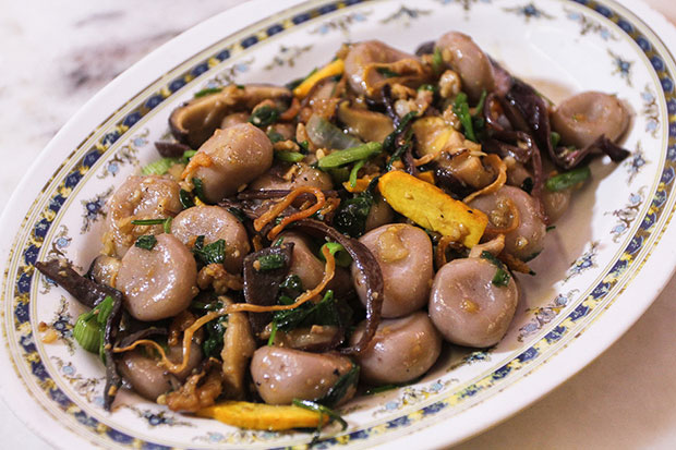 You can order the traditional Hakka dish of abacus shaped dumplings fashioned out from yam