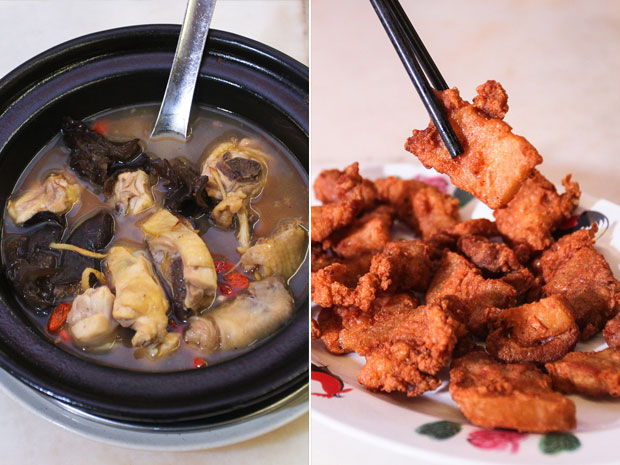 Like a comforting hug, their homemade yellow rice wine chicken is served with wood ear fungus, fresh ginger and wolf berries (left). We guarantee you won’t be able to stop eating this crispy pork belly, marinated with nam yue or fermented beancurd (right)