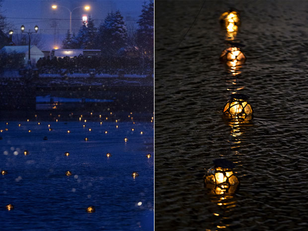 A constellation of stars on the waters of the canal (left). Floating glass buoys carrying candles (right)
