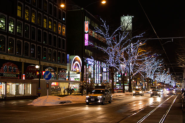Wintry Sapporo lit up at night.