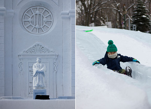 A snowy replica of the Stockholm Cathedral (left). Slide down... the snow’s fine! (right).