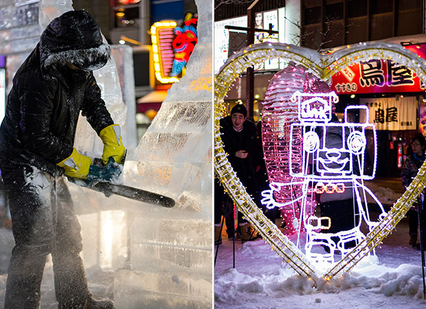 Ice sculpture contestant hard at work (left). Robot love in the snow (right).
