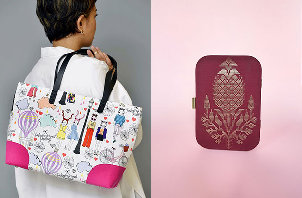 One of her earlier pieces is this tote bag with a whimsical look (left). This songket wrapped clutch gives a touch of elegance for the evening (right).