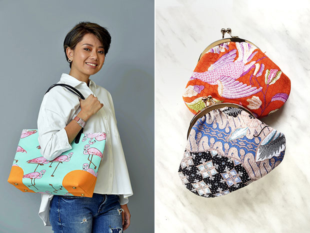 Azreen Zaharin started making bags out of boredom during her confinement (left). The Raisa bag gets decked out in batik (right).
