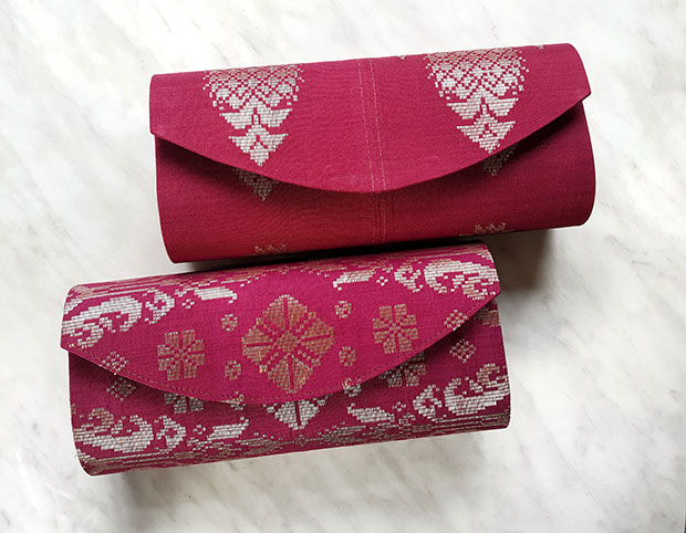 The clutches are made with a vintage songket that Azreen found in Terengganu.